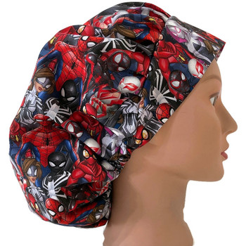 Women's Spiderman Friends Bouffant Surgical Scrub Hat, Adjustable with elastic and cord-lock, Handmade