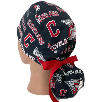 Women's Cleveland Guardians "Indians"  Ponytail Surgical Scrub Hat, 2 Styles, Adjustable, Handmade, Optional Buttons