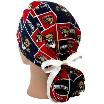 Women's Florida Panthers Ponytail Surgical Scrub Hat, 2 Styles, Adjustable, Handmade, Optional Buttons