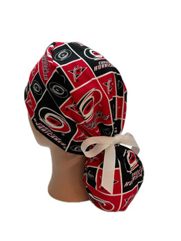 Women's Carolina Hurricanes Squares Ponytail Ponytail Surgical Scrub Hat, 2 Styles, Adjustable, Handmade, Optional Buttons