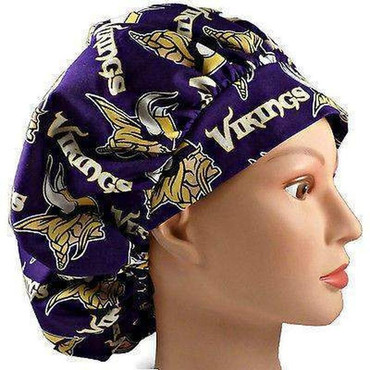Women's Minnesota Vikings Mascot Bouffant, Pixie or Ponytail Surgical Scrub Hat, Adjustable, Handmade