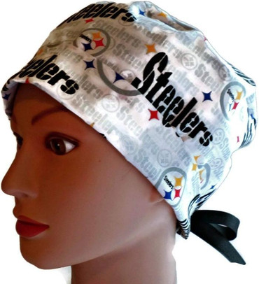 Women's Pittsburgh Steelers White Pixie Surgical Scrub Hat, Fold Up Brim, Adjustable, Handmade
