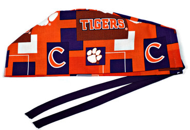 Men's Clemson Tigers New Block Semi-Lined Surgical Scrub Hat, Handmade, Purple Ties, Approx. 23 x 4.5 inches, Purple Ties