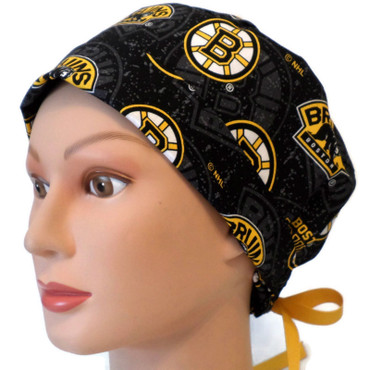 Women's Boston Bruins Two Tone Pixie Surgical Scrub Hat, Fold Up Brim, Adjustable, Handmade