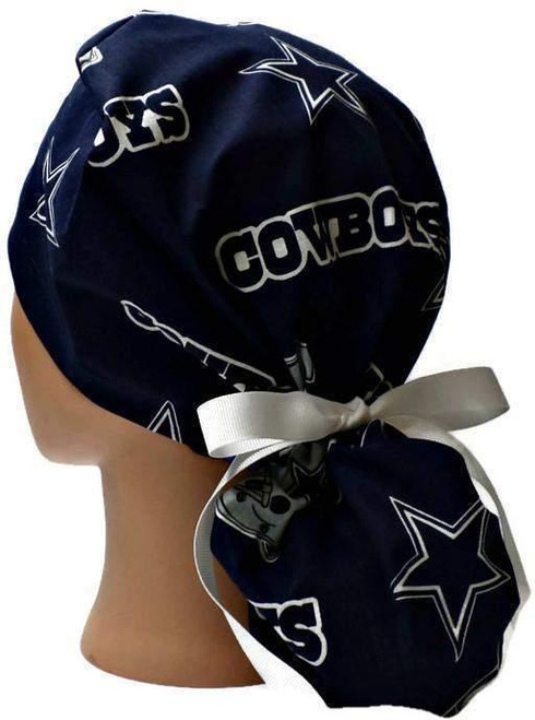 Women's Dallas Cowboys Navy Ponytail Surgical Scrub Hat, Plain or Fold-Up Brim Adjustable, Handmade