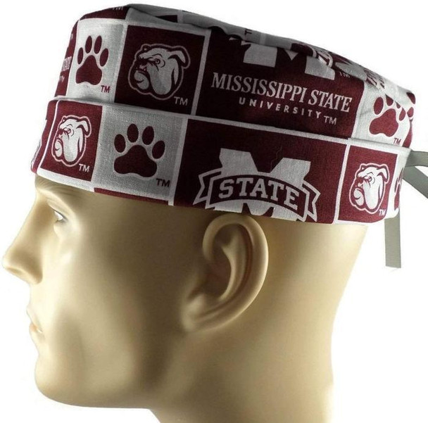 Men's Mississippi State Bulldogs Squares Surgical Scrub Hat, Semi-Lined Fold-Up Cuffed (shown) or No Cuff, Handmade