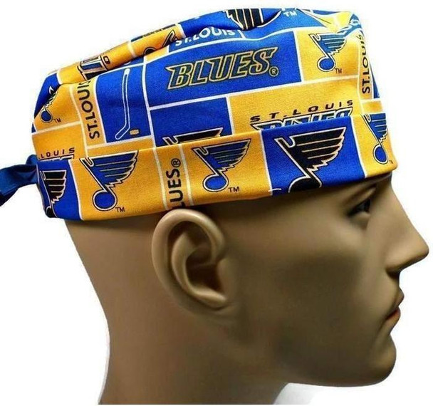 Men's St. Louis Blues Squares Surgical Scrub Hat, Semi-Lined Fold-Up Cuffed (shown) or No Cuff, Handmade