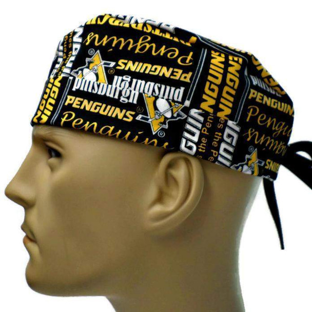 Men's Pittsburgh Penguins Writing Surgical Scrub Hat, Semi-Lined Fold-Up Cuffed (shown) or No Cuff, Handmade