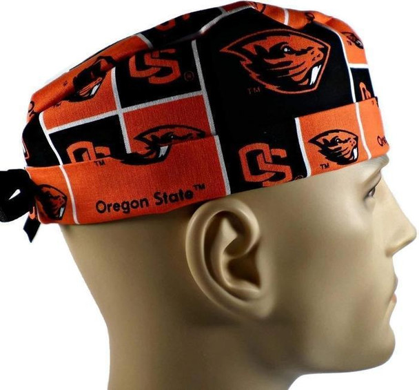 Men's Oregon State Beavers Squares Surgical Scrub Hat, Semi-Lined Fold-Up Cuffed (shown) or No Cuff, Handmade