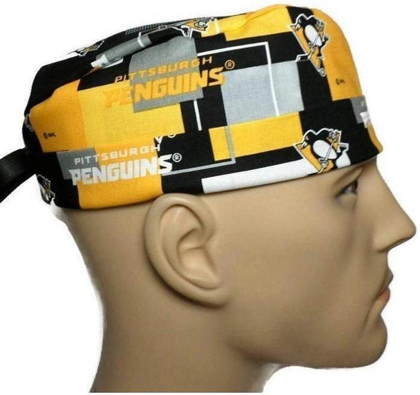 Men's Pittsburgh Penguins New Block Surgical Scrub Hat, Semi-Lined Fold-Up Cuffed (shown) or No Cuff, Handmade