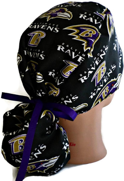 Women's Baltimore Ravens Black Ponytail Surgical Scrub Hat, Plain or Fold-Up Brim Adjustable, Handmade