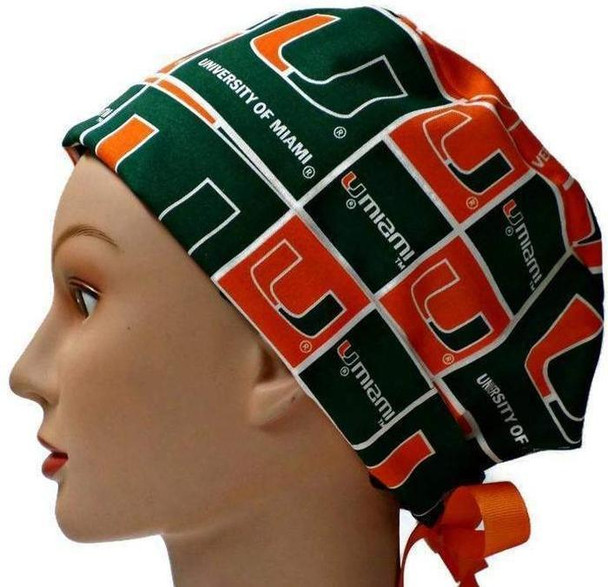 Women's Miami Hurricanes  Fold-Up Pixie Surgical Scrub Hat, Adjustable, Handmade