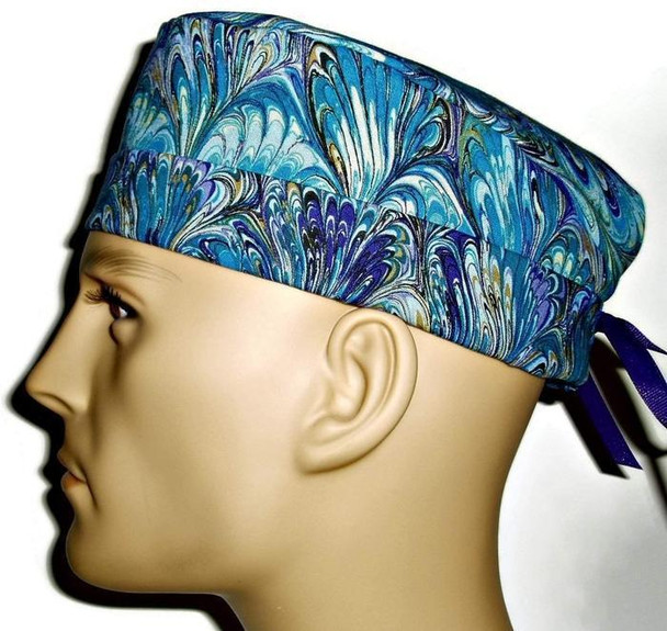 Men's Oil Slick Blue Surgical Scrub Hat, Semi-Lined Fold-Up Cuffed (shown) or No Cuff, Handmade