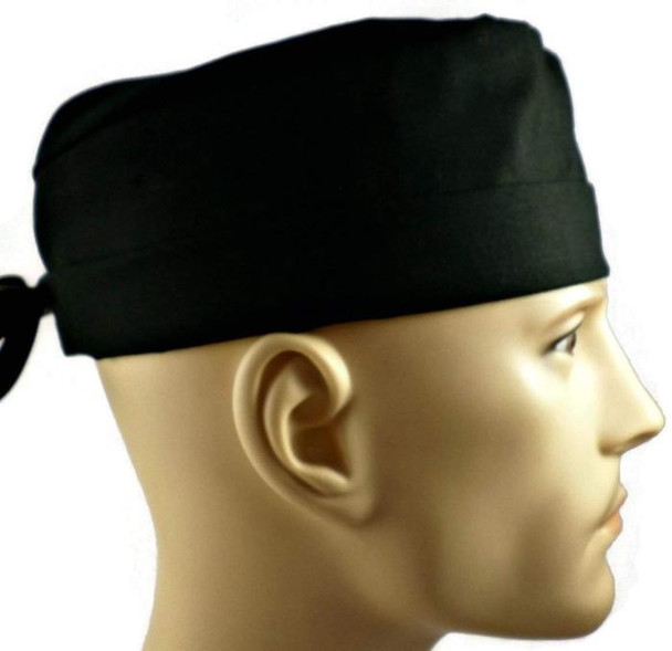 Men's Black Solid Surgical Scrub Hat, Semi-Lined Fold-Up Cuffed (shown) or No Cuff, Handmade