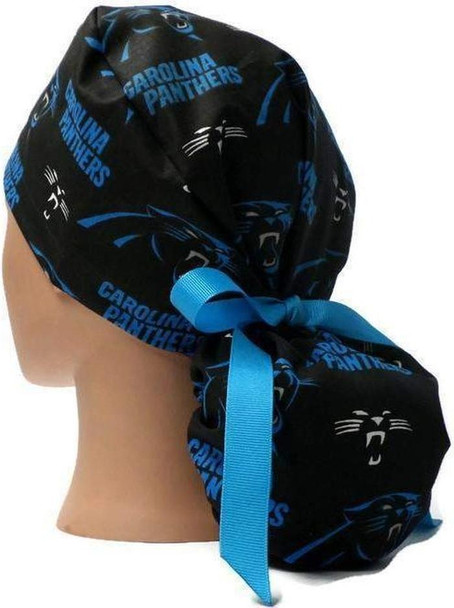 Women's Carolina Panthers Ponytail Surgical Scrub Hat, Plain or Fold-Up Brim Adjustable, Handmade