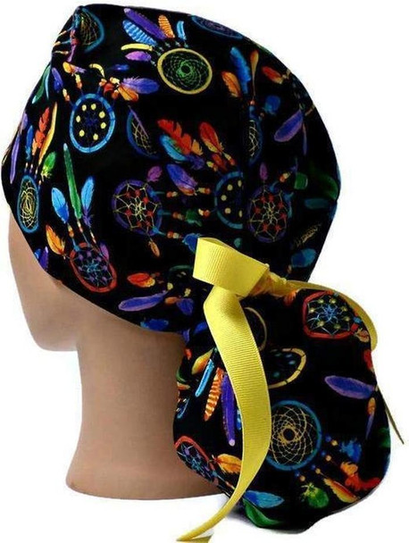 Women's Dreamcatchers Ponytail Surgical Scrub Hat, Plain or Fold-Up Brim Adjustable, Handmade