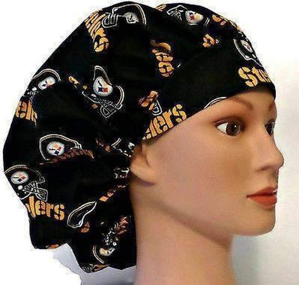 Women's Pittsburgh Steelers Black Bouffant, Pixie or Ponytail Surgical Scrub Hat, Adjustable, Handmade