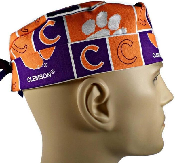 Men's Clemson Tigers Squares Surgical Scrub Hat, Semi-Lined Fold-Up Cuffed (shown) or No Cuff, Handmade