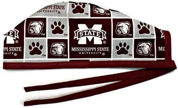 Men's Mississippi Bulldogs Squares  Unlined Surgical Scrub Hat, Optional Sweatband, Handmade