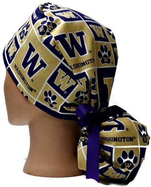 Women's Washington Huskies Squares Ponytail Surgical Scrub Hat, Plain or Fold-Up Brim Adjustable, Handmade