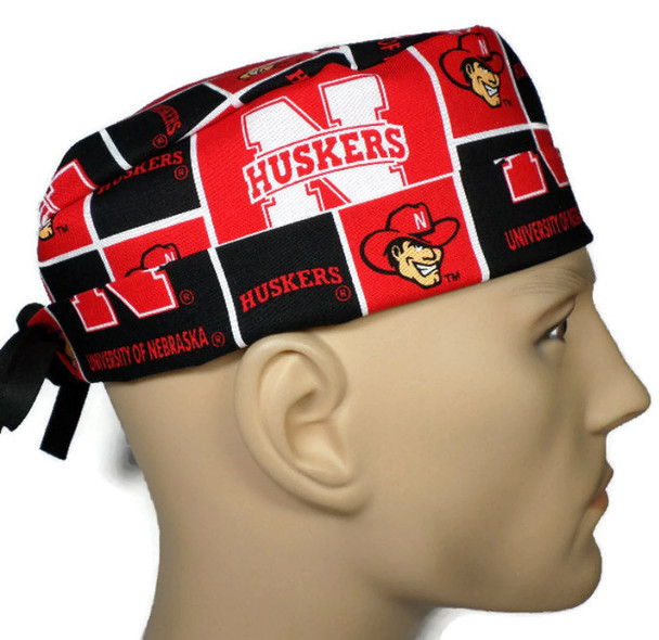 Men's Nebraska Huskers Squares Semi-Lined Fold-Up Cuffed or No Cuff Surgical Scrub Hat, Handmade