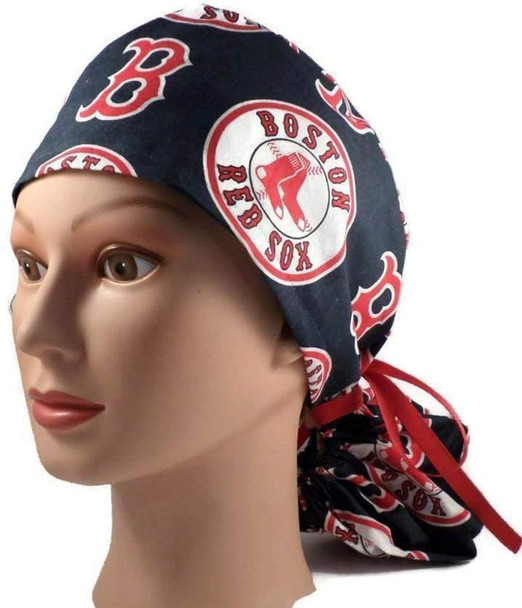 Women's Boston Red Sox Navy Ponytail Surgical Scrub Hat, Plain or Fold-Up Brim Adjustable, Handmade
