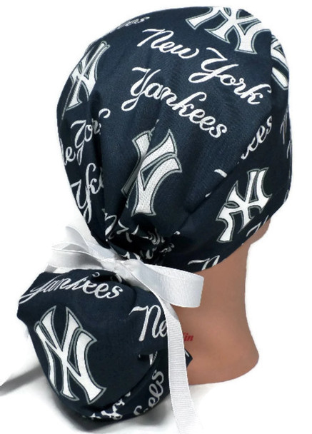 Women's New York Yankees Navy Bouffant, Pixie or Ponytail Surgical Scrub Hat, Adjustable, Handmade