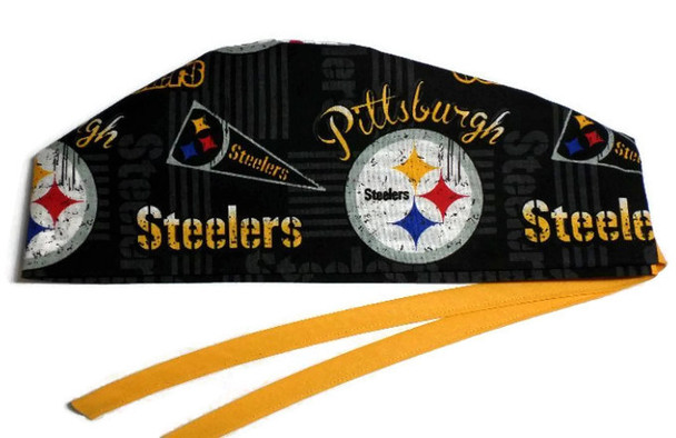 Men's Pittsburgh Steelers Retro Semi-Lined Fold-Up Cuffed or No Cuff Surgical Scrub Hat, Handmade