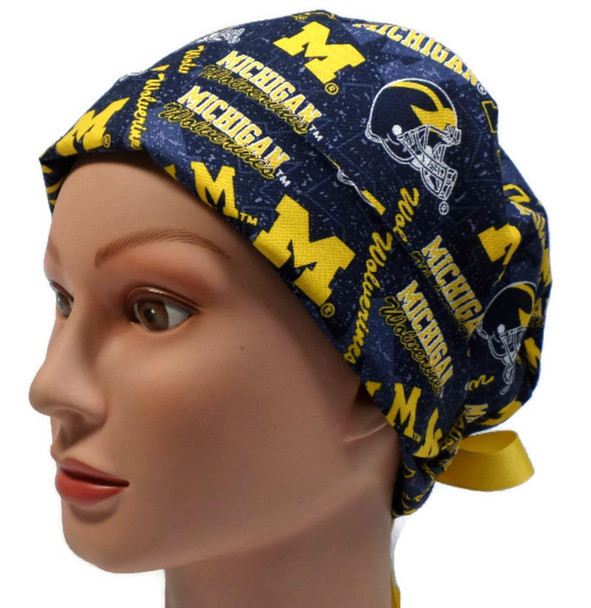 Women's Michigan Wolverines Two Tone Pixie Surgical Scrub Hat, Fold Up Brim, Adjustable, Handmade