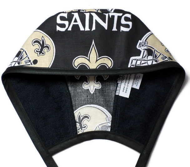 Men's New Orleans Saints Black Unlined Surgical Scrub Hat, Optional Sweatband (shown), Handmade