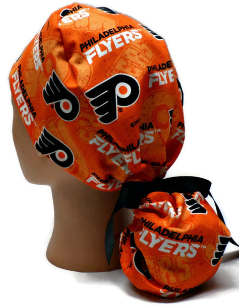 Women's Philadelphia Flyers Two  Tone Ponytail Surgical Scrub Hat, Plain Brim Adjustable, Handmade