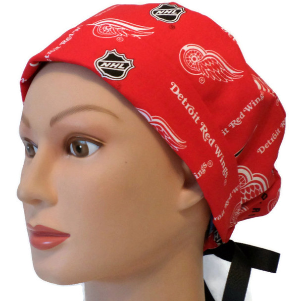 Women's Detroit Redwings Red Pixie Surgical Scrub Hat,  Fold-Up Brim,  Adjustable with Elastic and Cord-Lock or Ribbon, Handmade