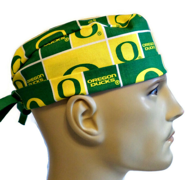 Men's Oregon Ducks Squares Light Green Surgical Scrub Hat, Semi-Lined Fold-Up Cuffed (shown) or No Cuff, Handmade