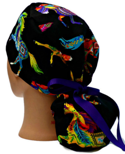 Women's Southwest Horses Brite Ponytail Surgical Scrub Hat, Plain or Fold-Up Brim, Adjustable, Handmade