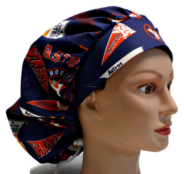 Women's Houston Astros Pennants Bouffant Surgical Scrub Hat, Adjustable with elastic and cord-lock, Handmade
