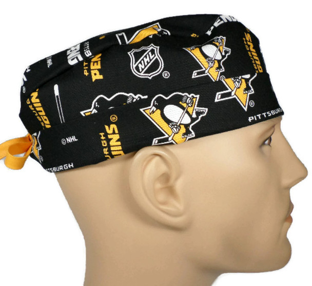 Men's Pittsburgh Penguins Black Semi-Lined Fold-Up Cuffed or  No Cuff Surgical Scrub Hat, Handmade in Fabric Swatch Shown