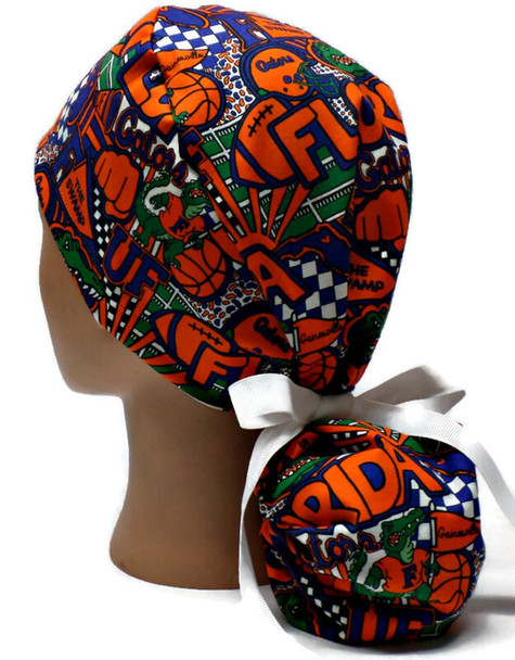 Women's Florida Gators Pop Art Ponytail Surgical Scrub Hat, Plain Brim or Fold-Up Brim, Adjustable, Handmade