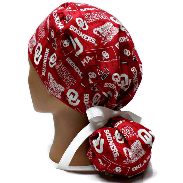 Women's Oklahoma Sooners Two Tone Ponytail Surgical Scrub Hat, Plain or Fold-Up Brim Adjustable, Handmade
