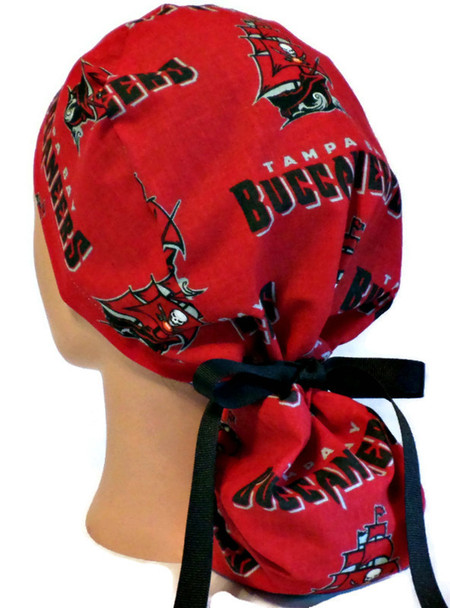 Women's Tampa Bay  Buccaneers Red Ponytail Surgical Scrub Hat, Plain or Fold-Up Brim Adjustable, Handmade