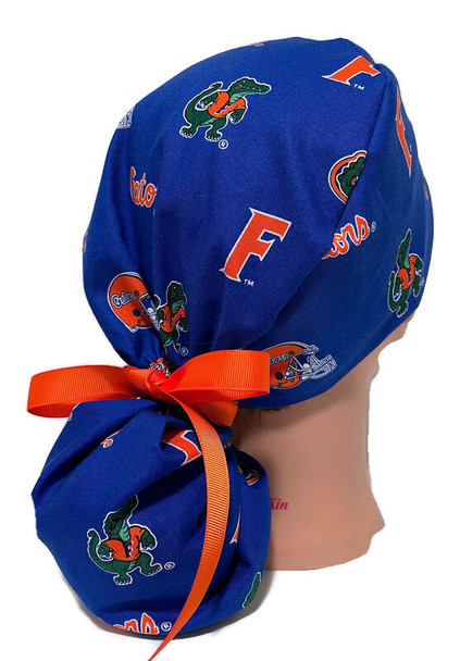 Women's Florida Gators Blue Ponytail Surgical Scrub Hat, Plain Brim or Fold-Up Brim, Adjustable, Handmade