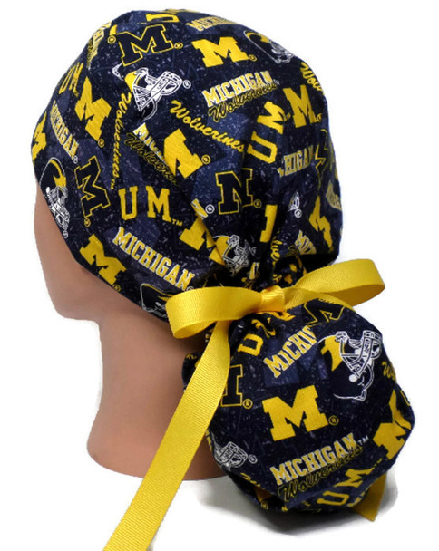 Women's Michigan Wolverines Two Tone Ponytail Surgical Scrub Hat, Plain or Fold-Up Brim Adjustable, Handmade