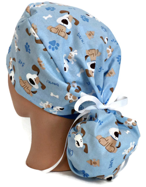 Women's Dogs Bark! Ponytail Surgical Scrub Hat, 2 Styles, Adjustable, Handmade, Optional Buttons