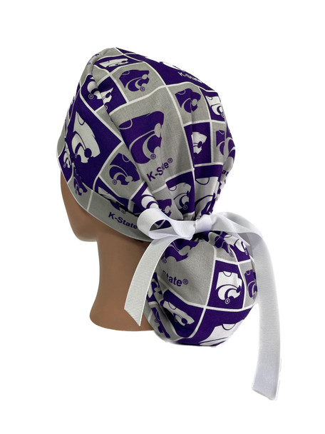 Women's Kansas Wildcats Ponytail Surgical Scrub Hat, 2 Styles, Adjustable, Handmade, Optional Buttons