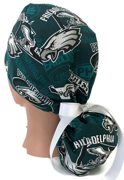 Women's Philadelphia Eagles Retro Ponytail Surgical Scrub Hat, 2 Styles, Adjustable, Handmade, Optional Buttons
