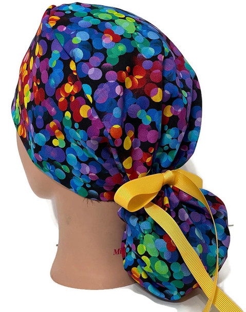 Women's Happy Dots Ponytail Surgical Scrub Hat, 2 Styles, Adjustable, Handmade, Optional Buttons