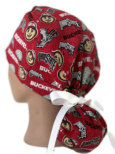 Women's Ohio State Buckeyes Ponytail Surgical Scrub Hat, 2 Styles, Adjustable, Handmade, Optional Buttons