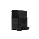 DOT EHS-1 holographic sight front right angled view, EHS-1 Enhanced Holographic Sight from Dynamic Optronic Technologies, 1 MOA center dot with 65 MOA outer ring, 7075 aluminum construction with anodized finish, anti-reflective lenses, unlimited eye relief, MIL-STD-1913 Picatinny rail compatible, IP68 water and dust resistant, suitable for tactical, competitive shooting, and extreme environments.