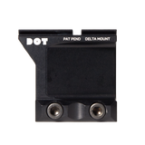 Delta ACRO Mount in black, 7075-T6 aluminum with nitride-coated steel clamp, compatible with Aimpoint ACRO P-1/P-2 and ACRO footprint red dot sights, 2.26-inch optical height, M-LOK diving-board rail for lasers and flashlights, optimized for PDW, SBR, CQB, night vision, and gas mask use.