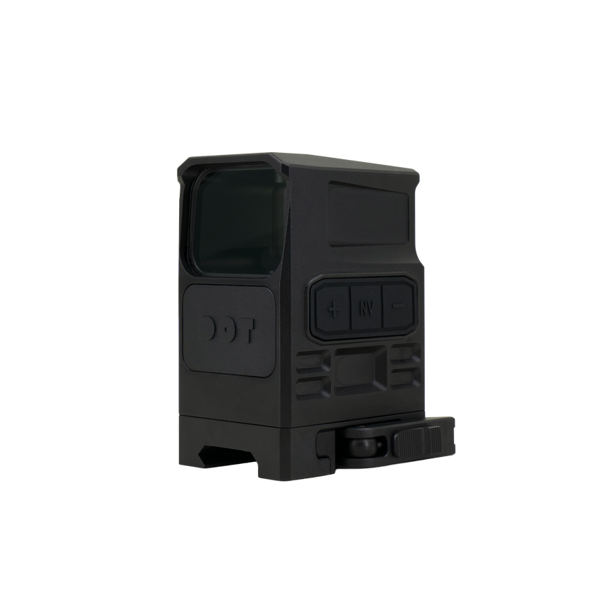 DOT EHS-1 holographic sight front right angled view, EHS-1 Enhanced Holographic Sight from Dynamic Optronic Technologies, 1 MOA center dot with 65 MOA outer ring, 7075 aluminum construction with anodized finish, anti-reflective lenses, unlimited eye relief, MIL-STD-1913 Picatinny rail compatible, IP68 water and dust resistant, suitable for tactical, competitive shooting, and extreme environments.