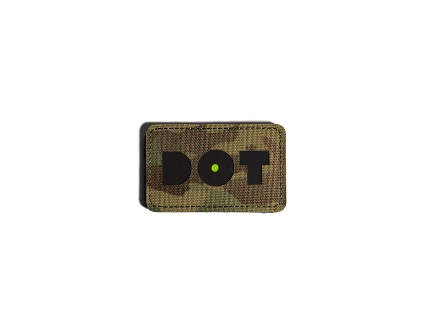 Velcro Multicam patch with IR reflective DOT lettering, 2x3.5 inches, tactical patch for uniforms, backpacks, and plate carriers, designed for military, law enforcement, and shooting enthusiasts.